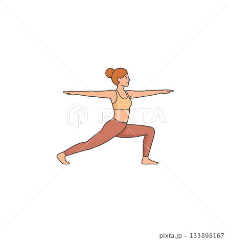 Female warrior pose illustration, demonstrating strength and flexibility through a balanced yoga 133898167