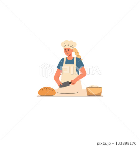 Illustration showcases a baker preparing dough, highlighting the art of breadmaking in a bakery 133898170
