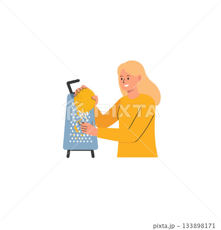 Young woman grating a lemon for culinary arts illustration showcasing cooking preparation with 133898171