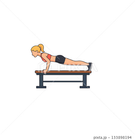 Woman demonstrating elevated push up exercise on bench for strength workout fitness training Woman demonstrating elevated push up exercise on bench for strength workout fitness training 133898194