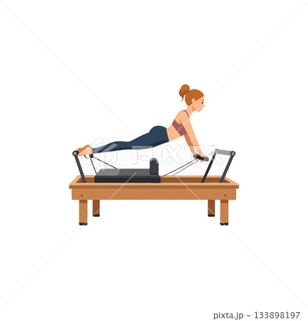 Active lifestyle illustration: woman engaging in pilates reformer exercise for strength training Active lifestyle illustration: woman engaging in pilates reformer exercise for strength training 133898197