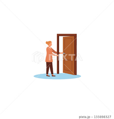 Woman reaches for the doorknob to open a closed door representing new beginnings and opportunities Woman reaches for the doorknob to open a closed door representing new beginnings and opportunities 133898327