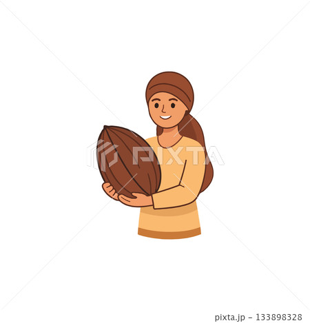Woman holding cocoa bean showing quality for chocolate ingredients or organic skin products and 133898328