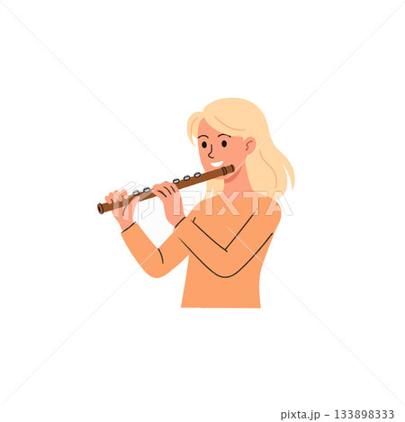 Blonde woman gracefully playing a wooden flute showcasing musical expression and artistic talent 133898333