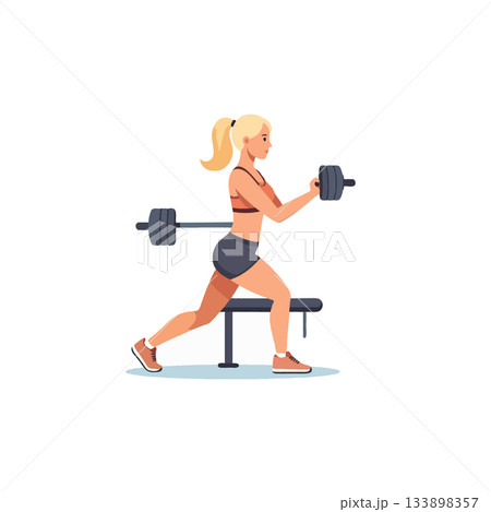 Strong athletic woman lifting weights beside a bench during her fitness training in gym healthy 133898357
