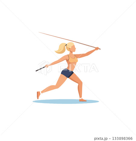 Athletic blonde woman in mid throw stance demonstrating javelin expertise with strength and Athletic blonde woman in mid throw stance demonstrating javelin expertise with strength and 133898366
