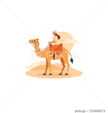 Woman riding a camel in desert landscape evokes a sense of adventure and travel with sun and clouds 133898373