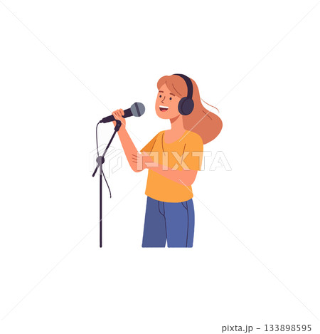 Captivating cartoon singer performing with headphones and microphone stand in vibrant vector 133898595