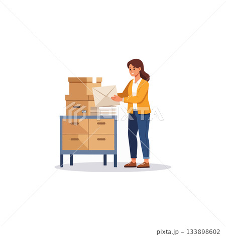 Illustrative scene portraying a woman organizing and sorting through a stack of packages and 133898602