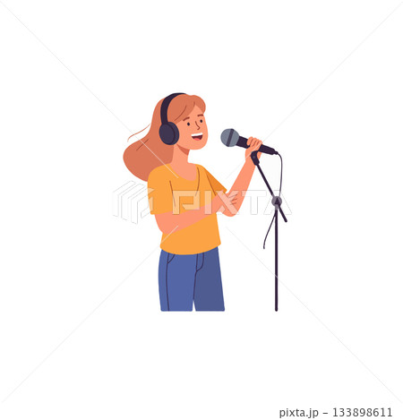 Illustration of a young woman with headphones singing into microphone showing artistic passion Illustration of a young woman with headphones singing into microphone showing artistic passion 133898611