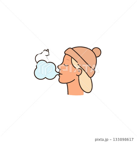 Stylized depiction of exhaling person with winter hat showing breath in cold weather in minimal Stylized depiction of exhaling person with winter hat showing breath in cold weather in minimal 133898617