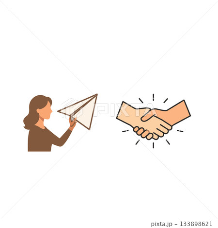 Concept illustration depicting partnership with paper airplane launch and handshake icon 133898621