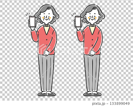 Senior woman holding a smartphone, full body vector Senior woman holding a smartphone, full body vector 133899049