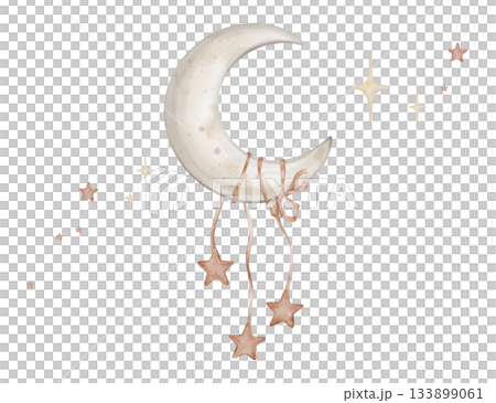 Horizontal composition with moon with red stars tied to a ribbon. Hand drawn watercolor illustration in muted tones for Baby shower invitations or nursery wall art. Drawing sky for kids greeting cards Horizontal composition with moon with red stars tied to a ribbon. Hand drawn watercolor illustration in muted tones for Baby shower invitations or nursery wall art. Drawing sky for kids greeting cards 133899061