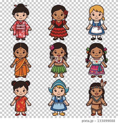 一群身著世界各地服飾的小女孩—多國插畫 一群身著世界各地服飾的小女孩—多國插畫 133899088