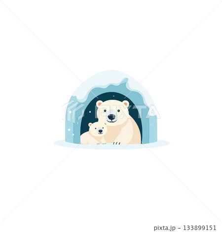 Illustrative depiction of a polar bear mother and cub sheltering within an igloo in arctic Illustrative depiction of a polar bear mother and cub sheltering within an igloo in arctic 133899151