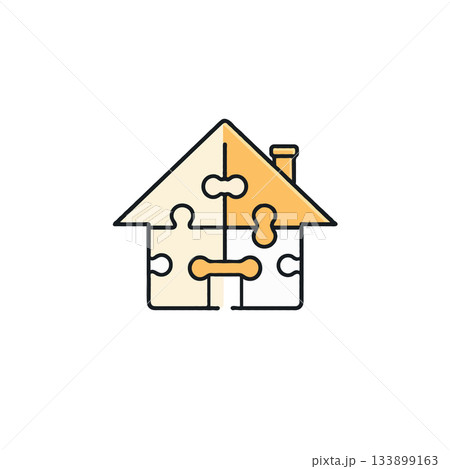 Assembling a home: construction and integration concept represented through puzzle pieces forming Assembling a home: construction and integration concept represented through puzzle pieces forming 133899163
