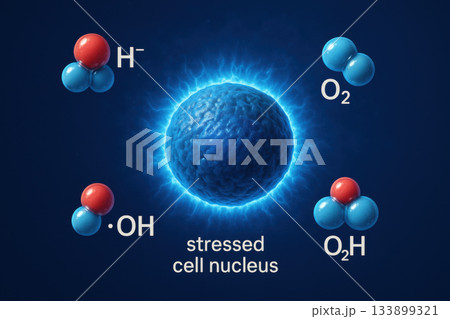 Scientific illustration of stressed cell nucleus with an energetic halo effect. Charged molecular clusters like oxygen and hydroxyl radical interact on deep blue background Scientific illustration of stressed cell nucleus with an energetic halo effect. Charged molecular clusters like oxygen and hydroxyl radical interact on deep blue background 133899321