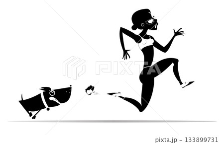 Cartoon running woman and angry dog. Frightened sport woman runs away from the mad dog. Black and white illustration Cartoon running woman and angry dog. Frightened sport woman runs away from the mad dog. Black and white illustration 133899731