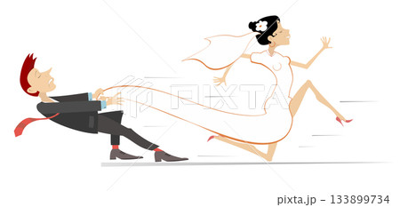 Married wedding couple. Bride runs away from the bridegroom. Upset bridegroom trying to catch up a runaway bride	 133899734