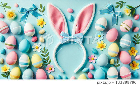 パステルブルーの背景にイースターバニーの耳とカラフルな卵 133899790