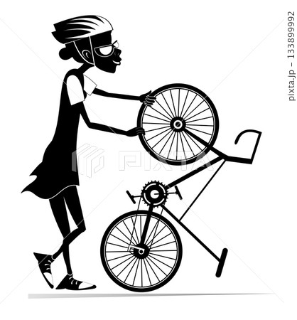 Cyclist woman and a broken bicycle. Cyclist woman repairs the bicycle. Cyclist woman repairs wheel on the bicycle. Black and white illustration 133899992