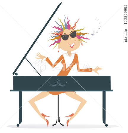 Illustration of young pianist and singer woman. Expressive pianist woman playing piano and singing with great inspiration. Isolated on white background 133899993