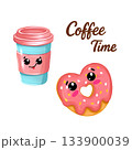 Cute illustrations for a coffee shop. A takeaway coffee cup and a heart-shaped doughnut with kawaii faces. Coffee time. 133900039