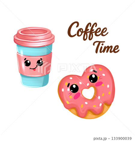 Cute illustrations for a coffee shop. A takeaway coffee cup and a heart-shaped doughnut with kawaii faces. Coffee time. 133900039
