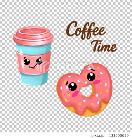 Cute illustrations for a coffee shop. A takeaway coffee cup and a heart-shaped doughnut with kawaii faces. Coffee time. Cute illustrations for a coffee shop. A takeaway coffee cup and a heart-shaped doughnut with kawaii faces. Coffee time. 133900039