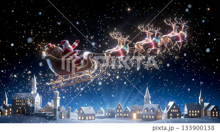 幻想的なクリスマスの夜空と輝くサンタのシルエット　冬の星空と雪景色 133900138