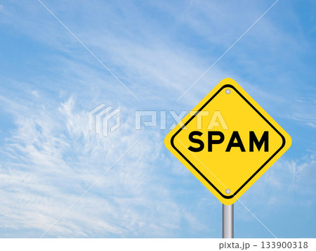 Yellow transportation sign with word spam on blue color sky background 133900318
