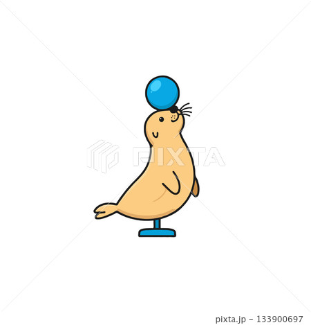 Charming Seal Balancing a Shiny Blue Ball on Its Nose a Whimsical Cartoon Illustration for Children 133900697