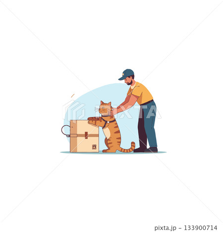 Courier befriending a feline companion on delivery route showcasing human animal bond illustrating 133900714