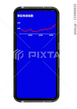背景が青色のスマートフォン画面に長期的な株価の推移を表示させているイメージ：切り抜き透過バック素材 133900832