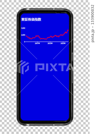 背景が青色のスマートフォン画面に長期的な株価の推移を表示させているイメージ：切り抜き透過バック素材 133900832