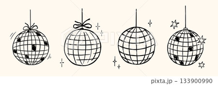 Disco balls vector doodle illustrations set. Whimsical outline sketch with cute stars 133900990
