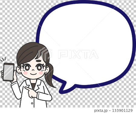 A woman in a white coat pointing at a smartphone and a speech bubble 133901129