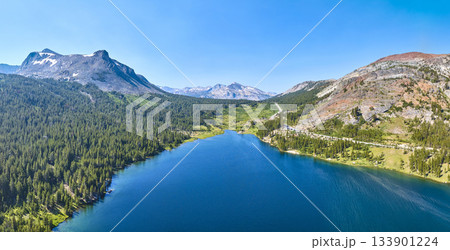Aerial Tioga Lake Sierra Nevada Mountains Forest and Road Panorama 133901224