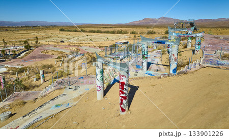 Aerial Abandoned Water Park Graffiti Desert Landscape California 133901226