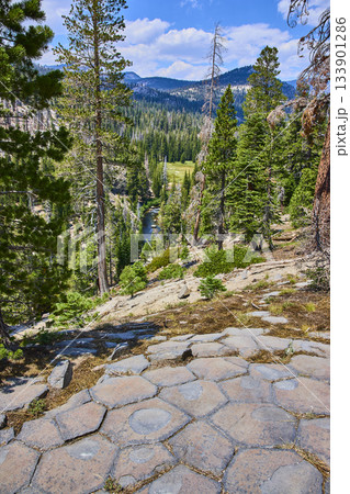 Basalt Columns and Pine Forest at Devils Postpile California with Mountain Scenery Basalt Columns and Pine Forest at Devils Postpile California with Mountain Scenery 133901286