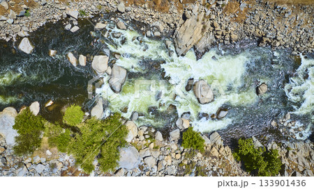 Aerial Kern River Rapids Cascades and Rocky Riverbanks Top Down 133901436
