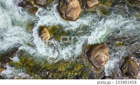 Aerial Rapids and Rocks Merced River White Water Top Down Aerial Rapids and Rocks Merced River White Water Top Down 133901458