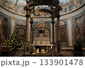 Basilica of the Holy Cross in Jerusalem Rome apse with mosaic baldachin and nativity scene Christmas decorations ornate Catholic church interior editorial use only. High quality photo 133901478