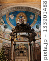 Basilica of the Holy Cross in Jerusalem Rome apse with mosaic baldachin and nativity scene Christmas decorations ornate Catholic church interior editorial use only. High quality photo 133901488
