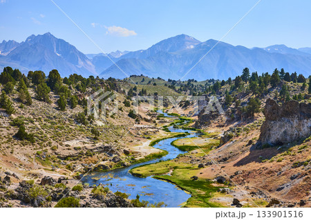 Hot Creek River Winding Through Geothermal Valley with Sierra Nevada Mountains 133901516