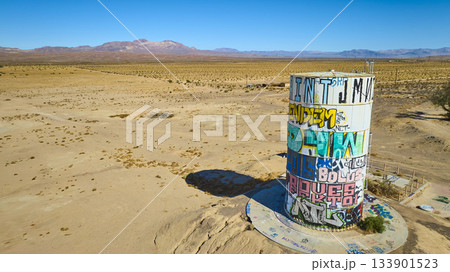 Aerial Abandoned Water Tank Graffiti Lake Dolores Desert California 133901523