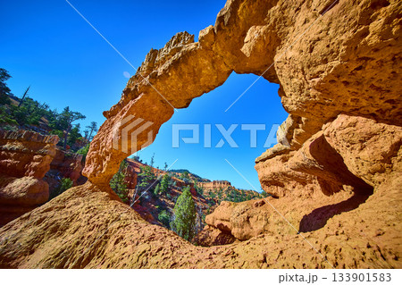 Red Rock Arch and Canyon Landscape with Blue Sky on Arches Trail Utah 133901583