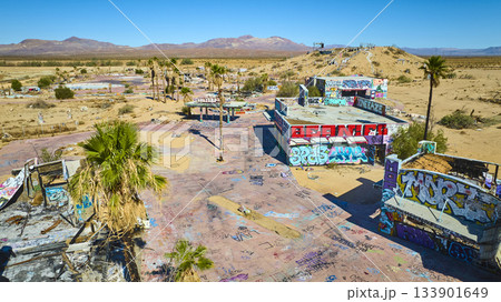 Aerial Abandoned Water Park Graffiti Desert Landscape California Aerial Abandoned Water Park Graffiti Desert Landscape California 133901649