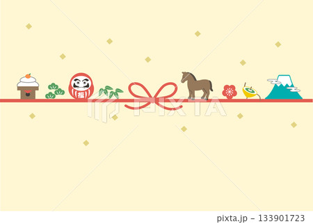 年賀状2026 ウマと縁起物のイラスト　年賀状テンプレート 133901723